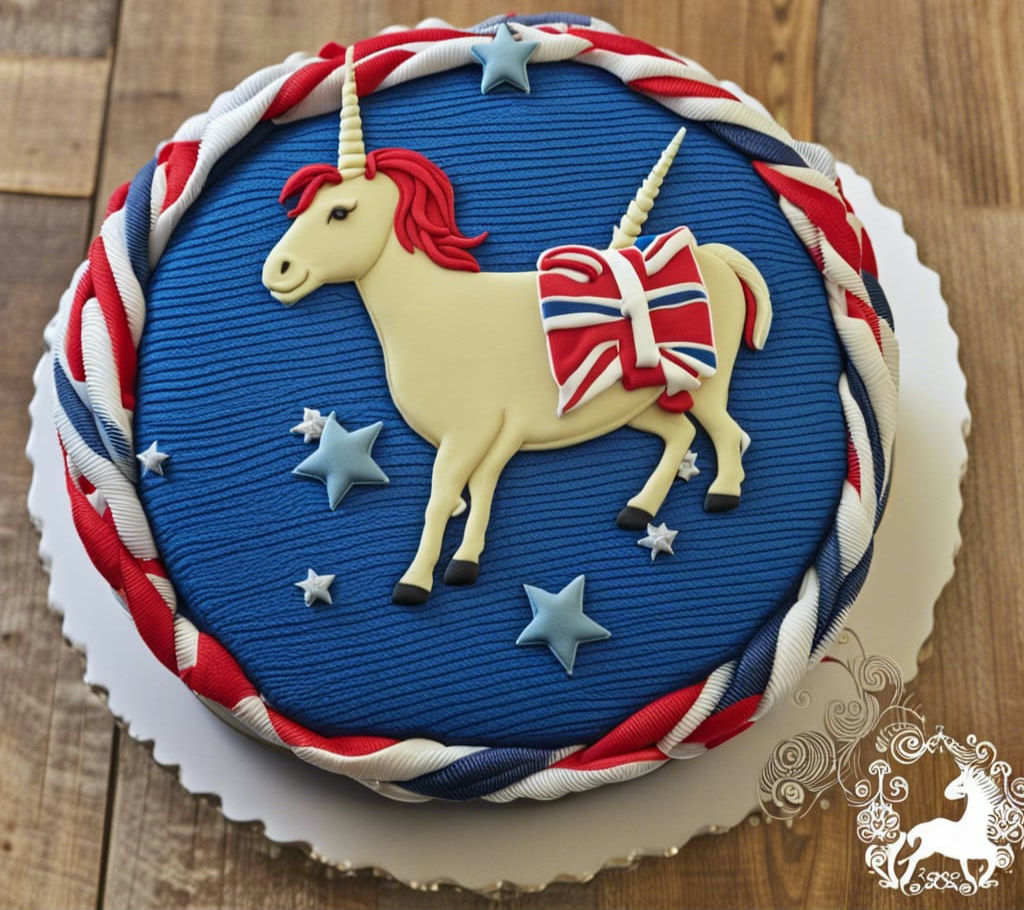 A Victoria sponge cake decorated with a unicorn in the colours of the British flag
