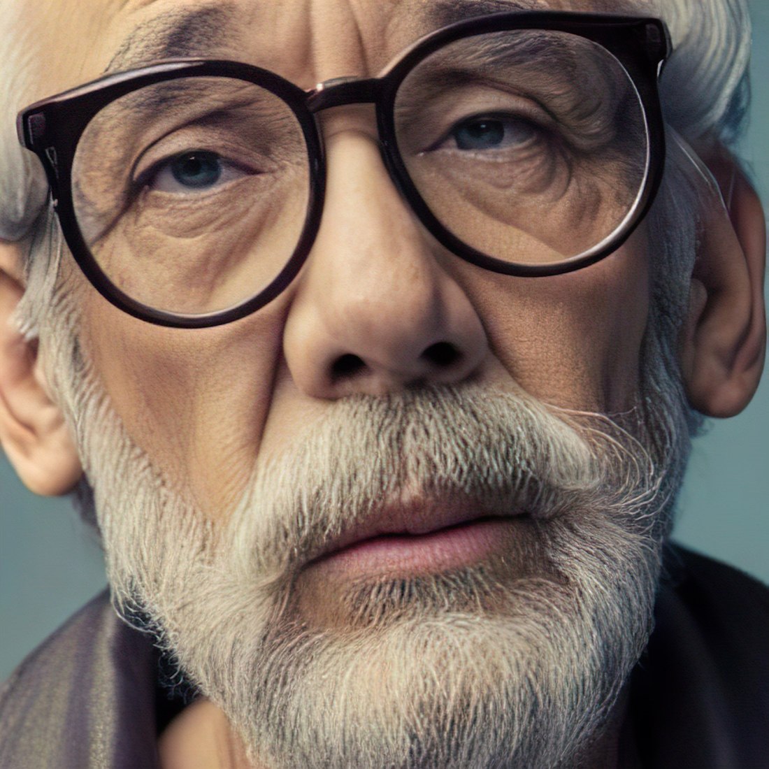Close up of the face of an old man with a beard and stoic expression