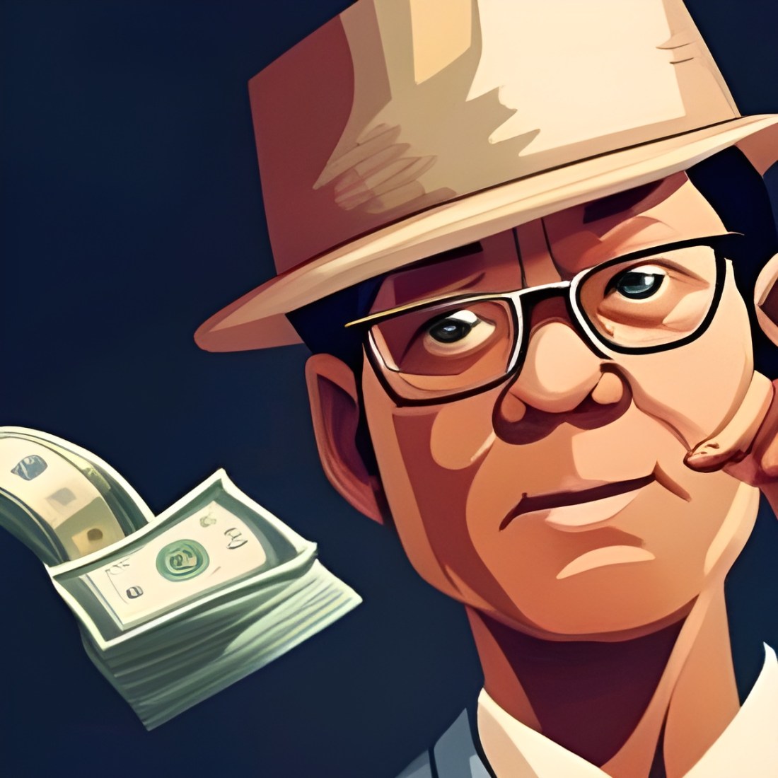 A small wad of cash floating next to a man wearing a beige hat