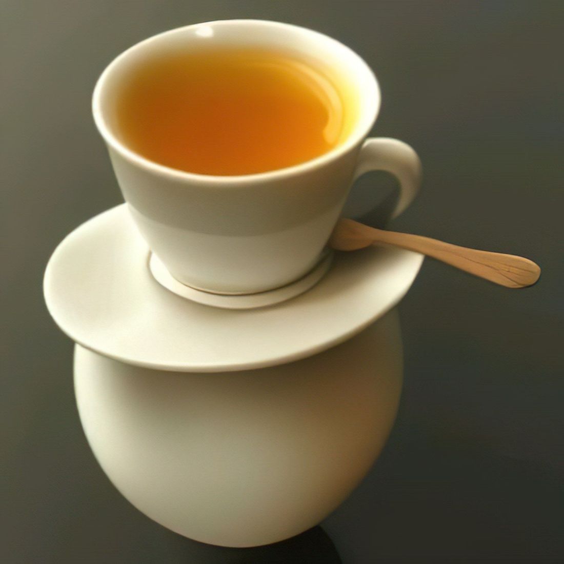 A small teacup on a saucer balancing on a hard boiled egg