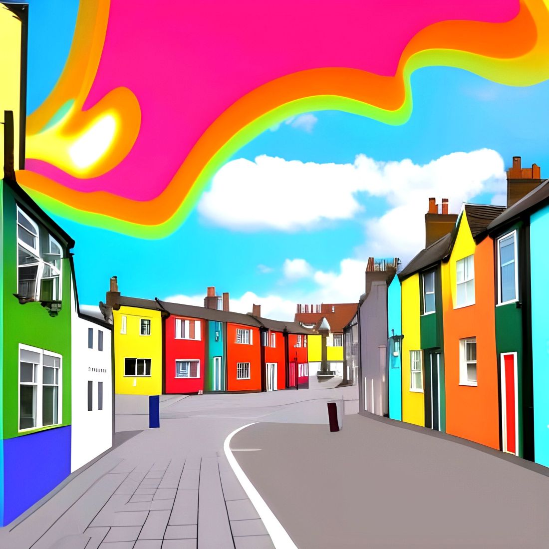 A hyper colourful image of a typical British street if it's called Balamory, cunts live here