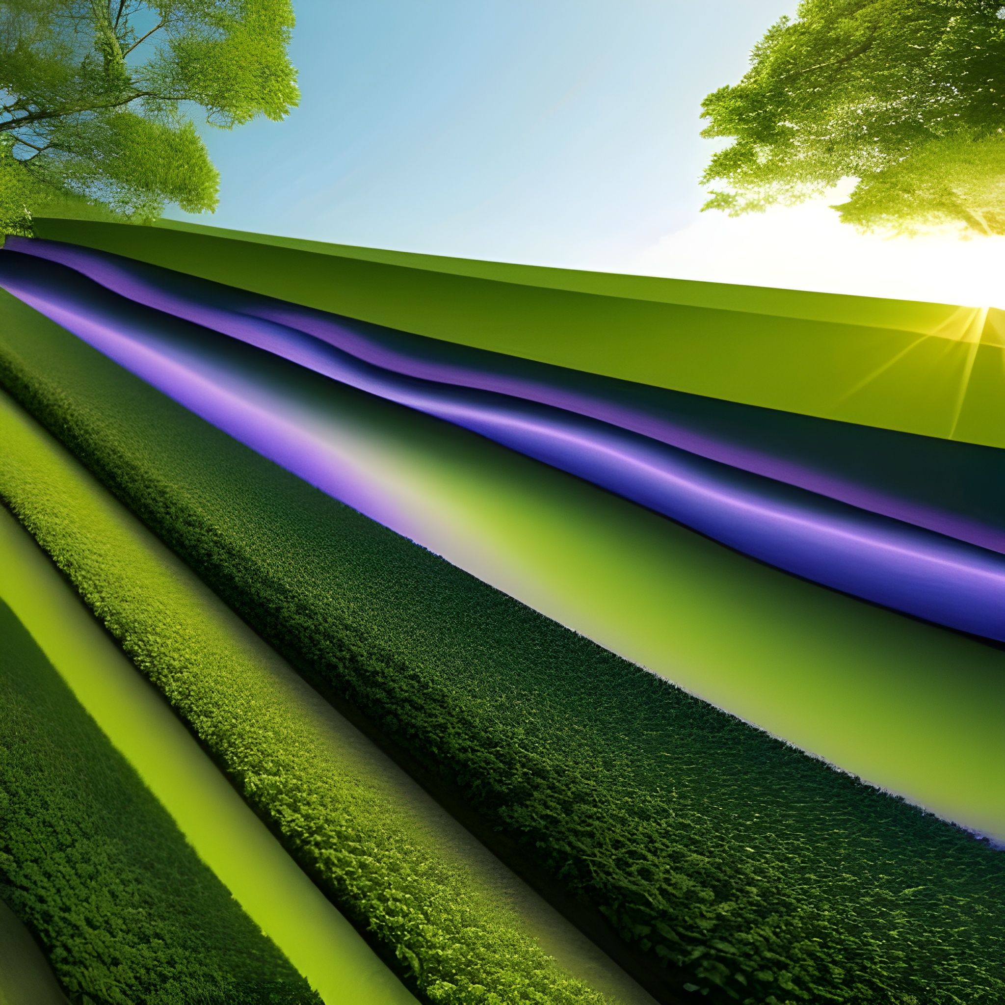 A green landscape made of green carpet, purple silk sheets, and a backdrop bought from Wilkinsons