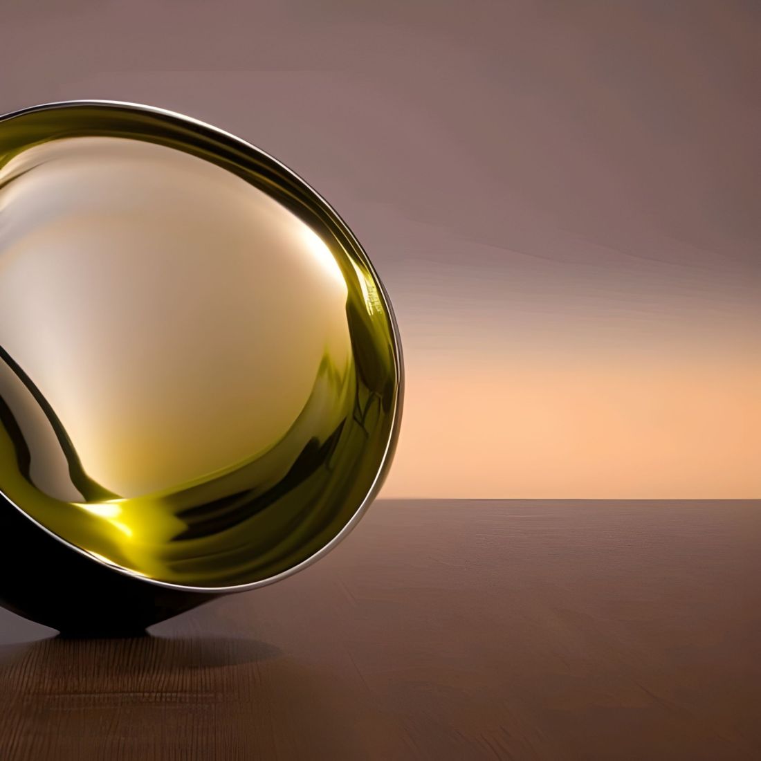 Mellow CGI image of a golden droplet of wee wee hitting the side of a tasteful brown toilet bowl, close up