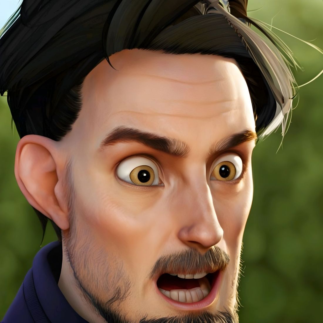 A CGI image of a man's bearded face looking like he just had his nutsack trapped in something painful