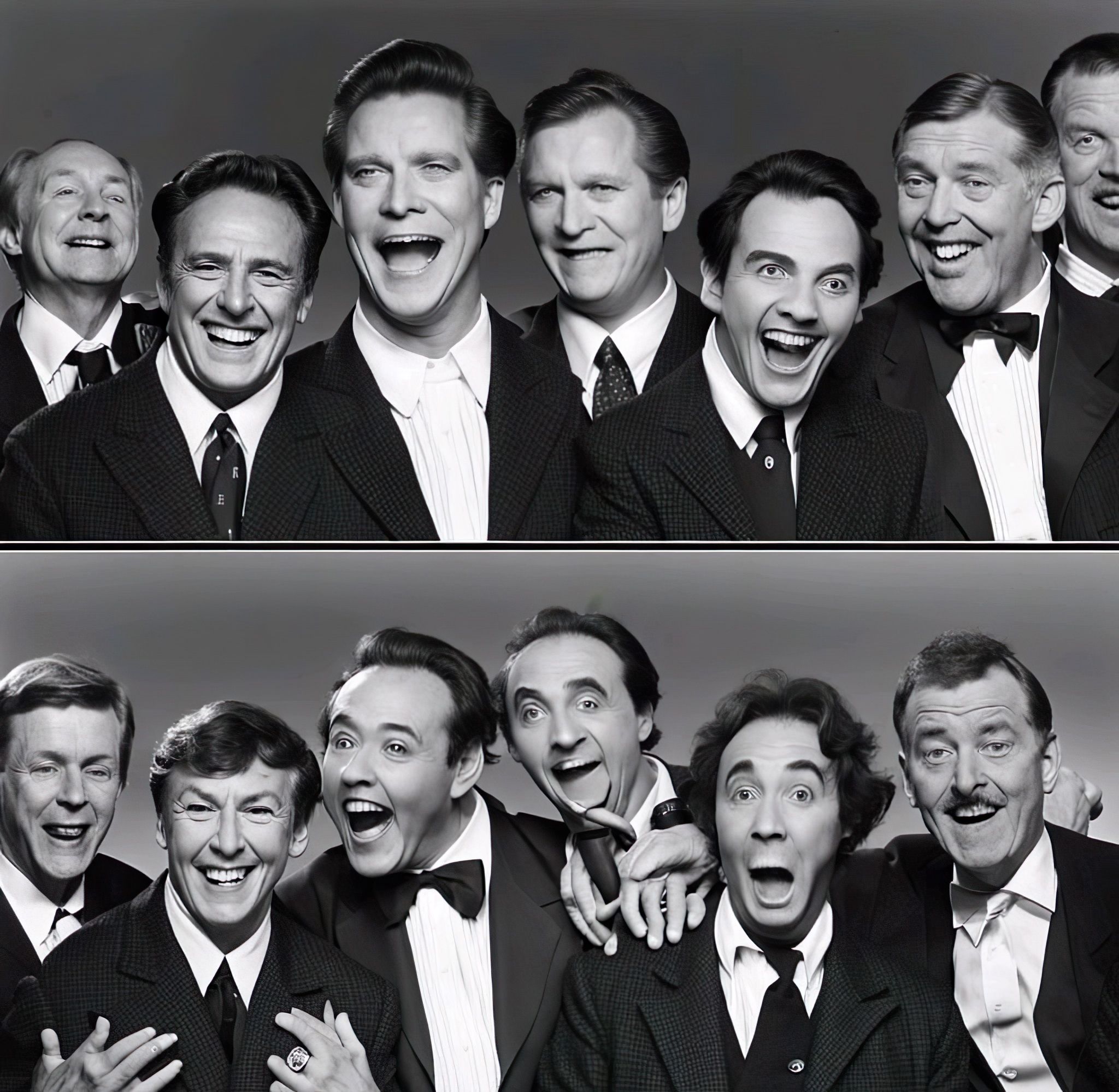 A black and white photo of 9 and a bits cunts laughing like psychos at nothing