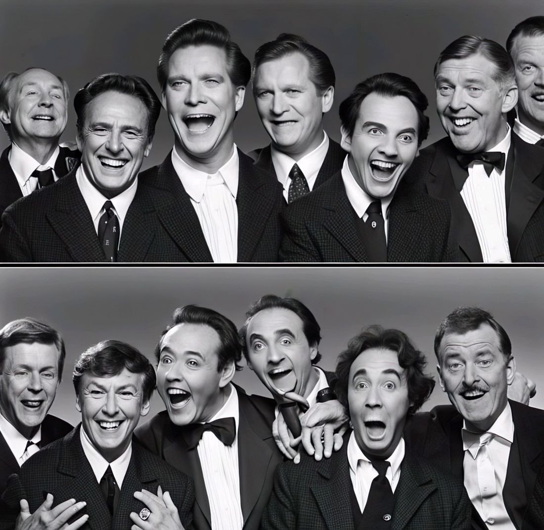 A black and white photo of 9 and a bits cunts laughing like psychos at nothing