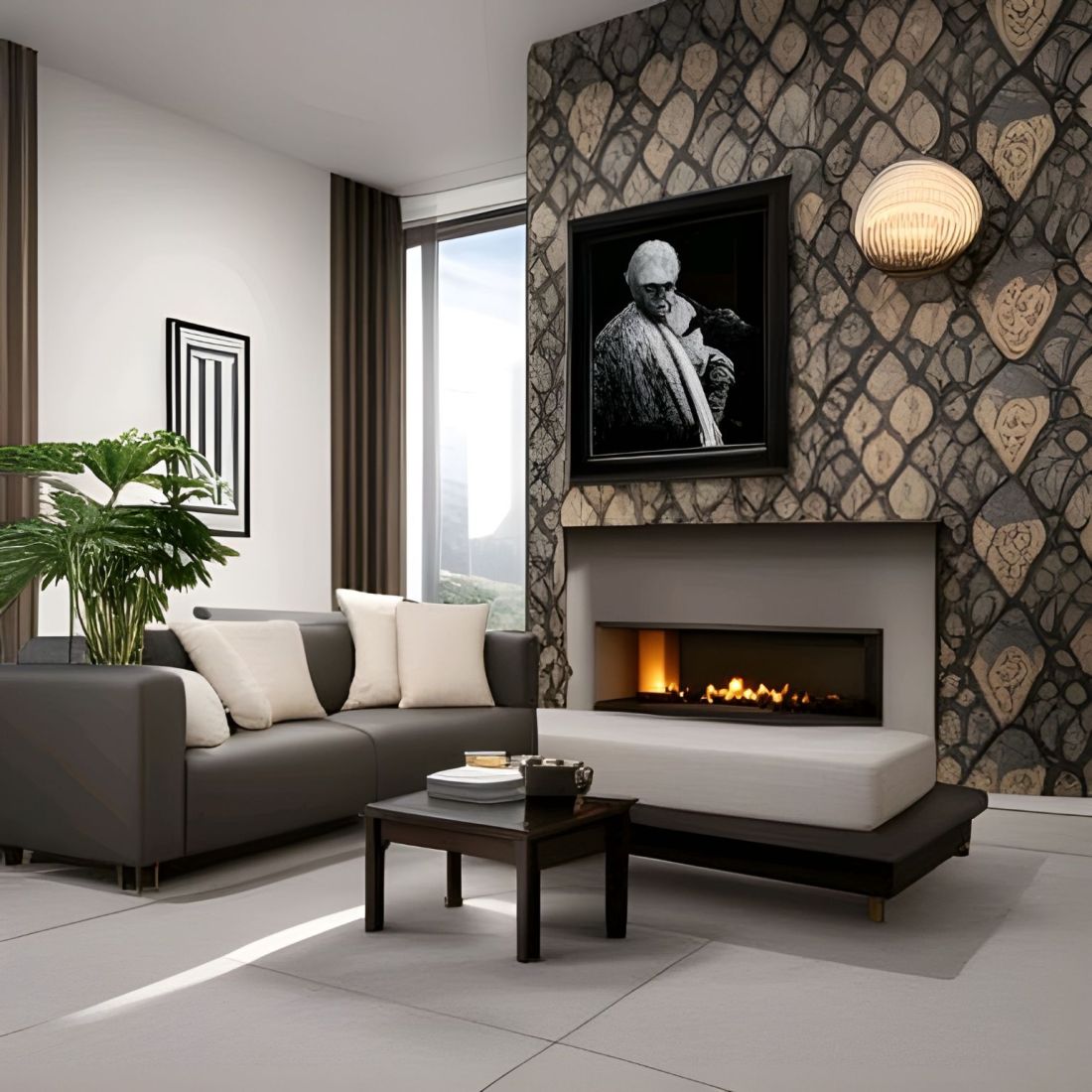 A soulless living room is overlooked by the haunting face of a random guy's portrait found in a second hand shop.