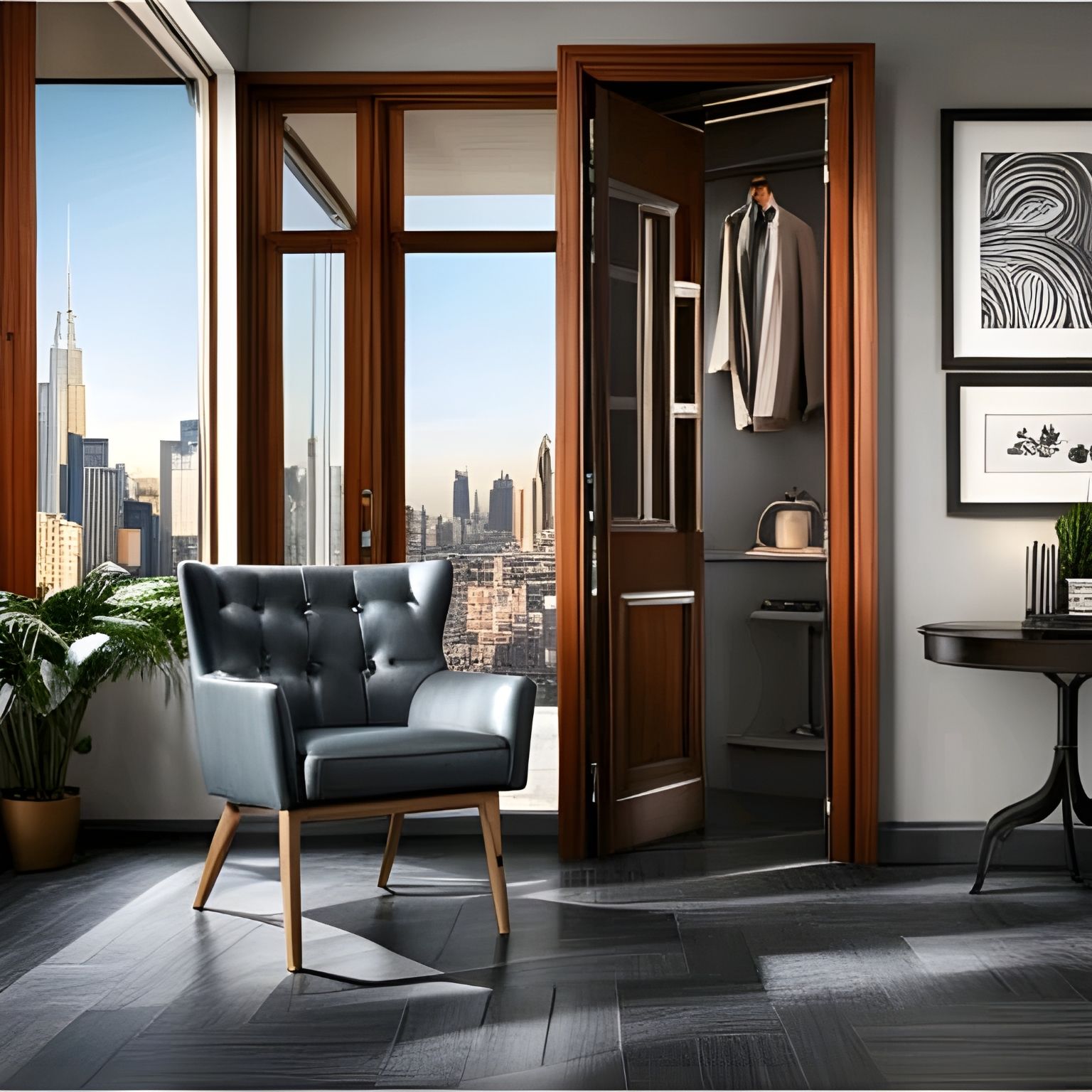 A room with a chair, who happens to be bisexual, sits in front of a window showing a landscape that it's in love with, there's also a jealous closet longing for a chair leg or two.
