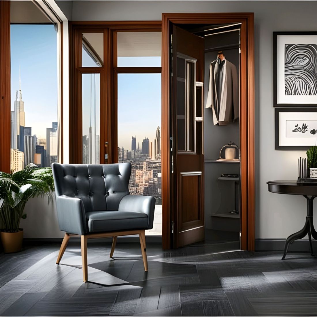 A room with a chair, who happens to be bisexual, sits in front of a window showing a landscape that it's in love with, there's also a jealous closet longing for a chair leg or two.