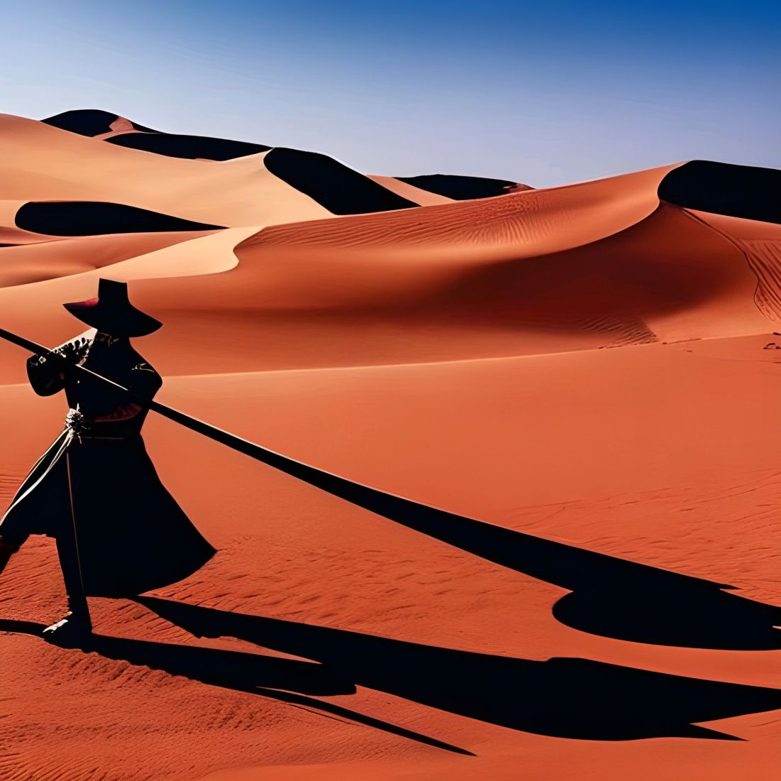 A man in a long coat and big floppy hat stands in a desert waving around his roller blind