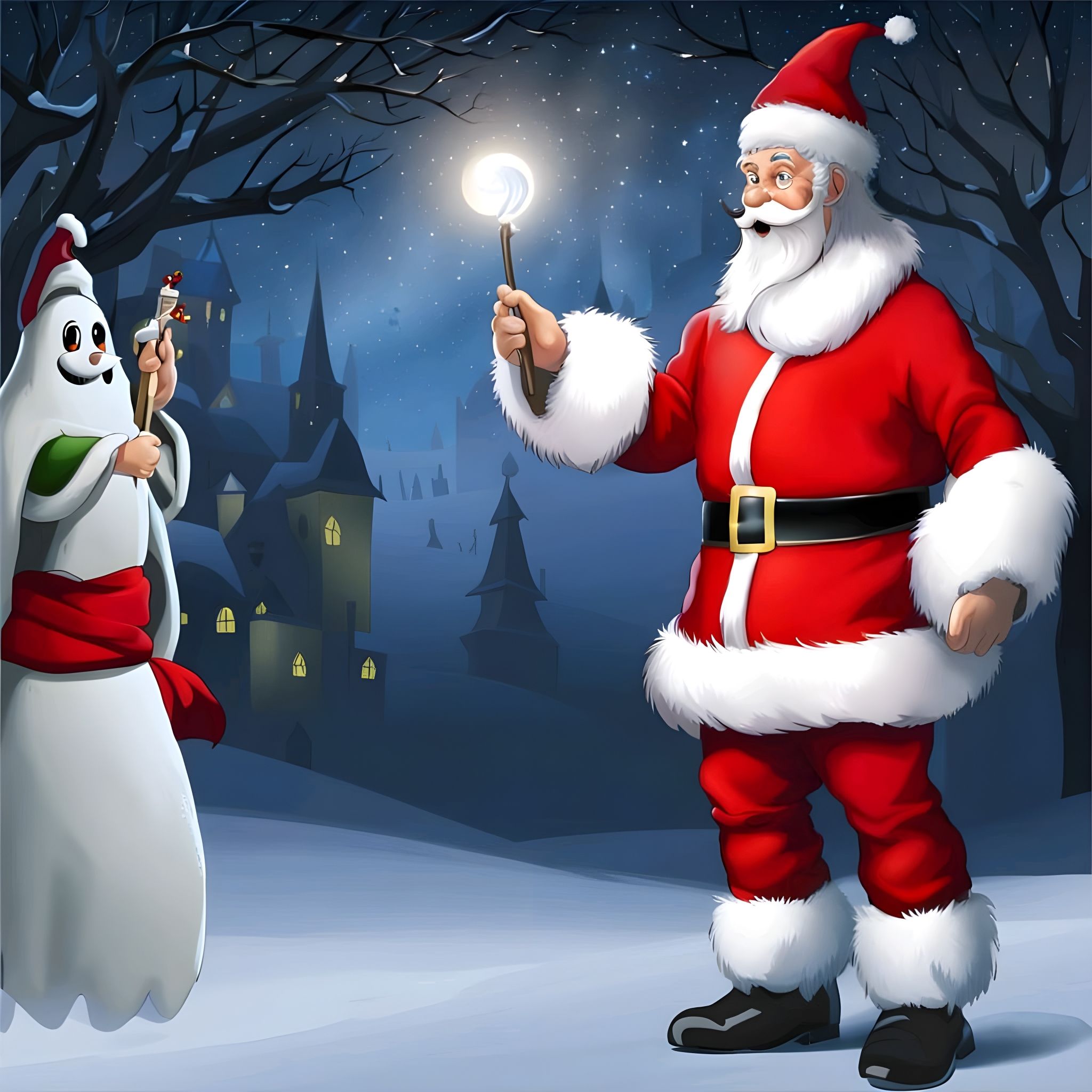 A snowman ghost being cuddled by an offscreen elf in front of an aroused Santa