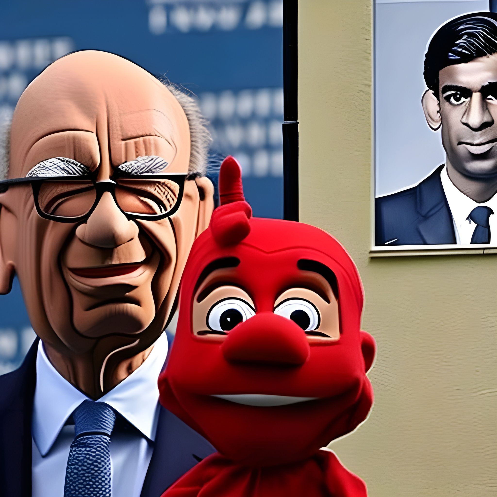 An illustration of Rupert Murdoch, a picture of Rishi Sunak on the wall and a red puppet representing the prime minister