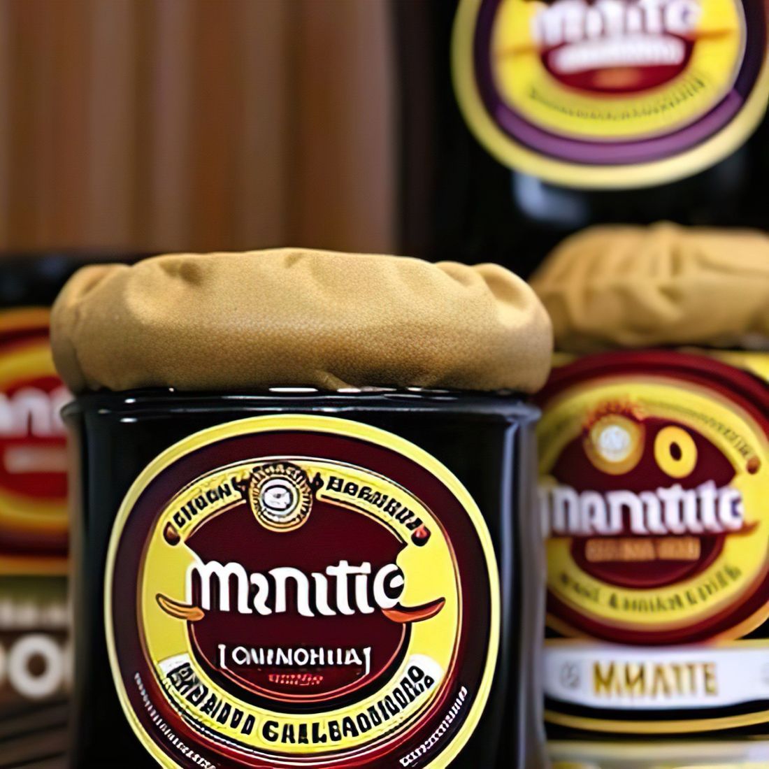 A photo of a leather lidded can of the Trinovantes recipe version of minomenchinhoic, the yeast spread from ancient Doggerland