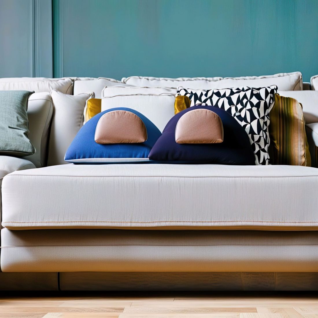 A fabric sofa covered in garish cushions that are designed to lift up various body parts for sexy sexy times