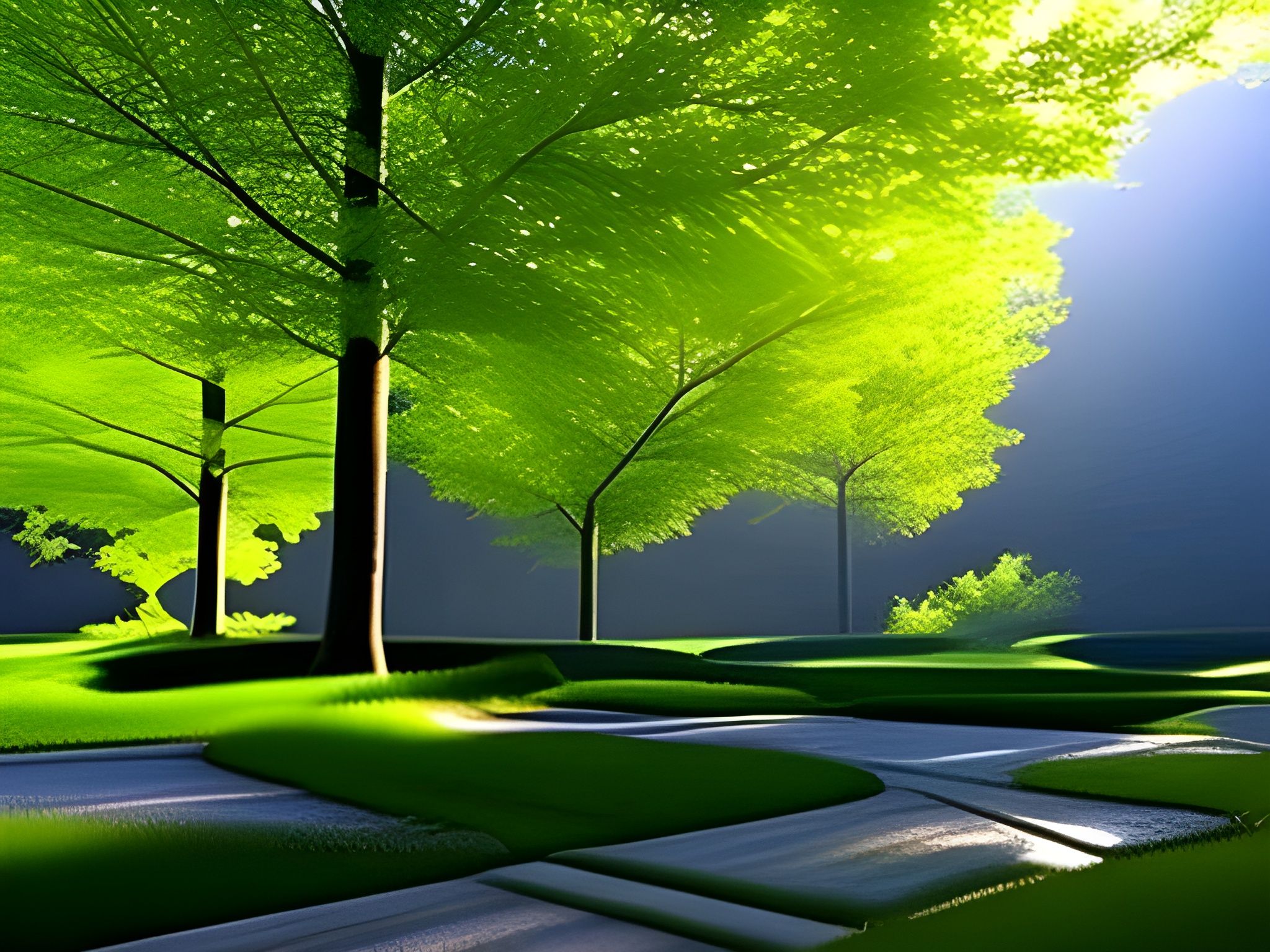 An eerie park wooded area is blathered in alien light, humanity's shadow haunts it's history