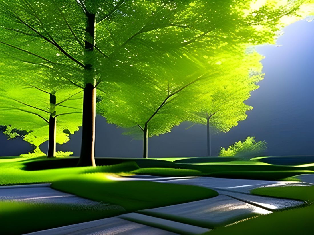 An eerie park wooded area is blathered in alien light, humanity's shadow haunts it's history