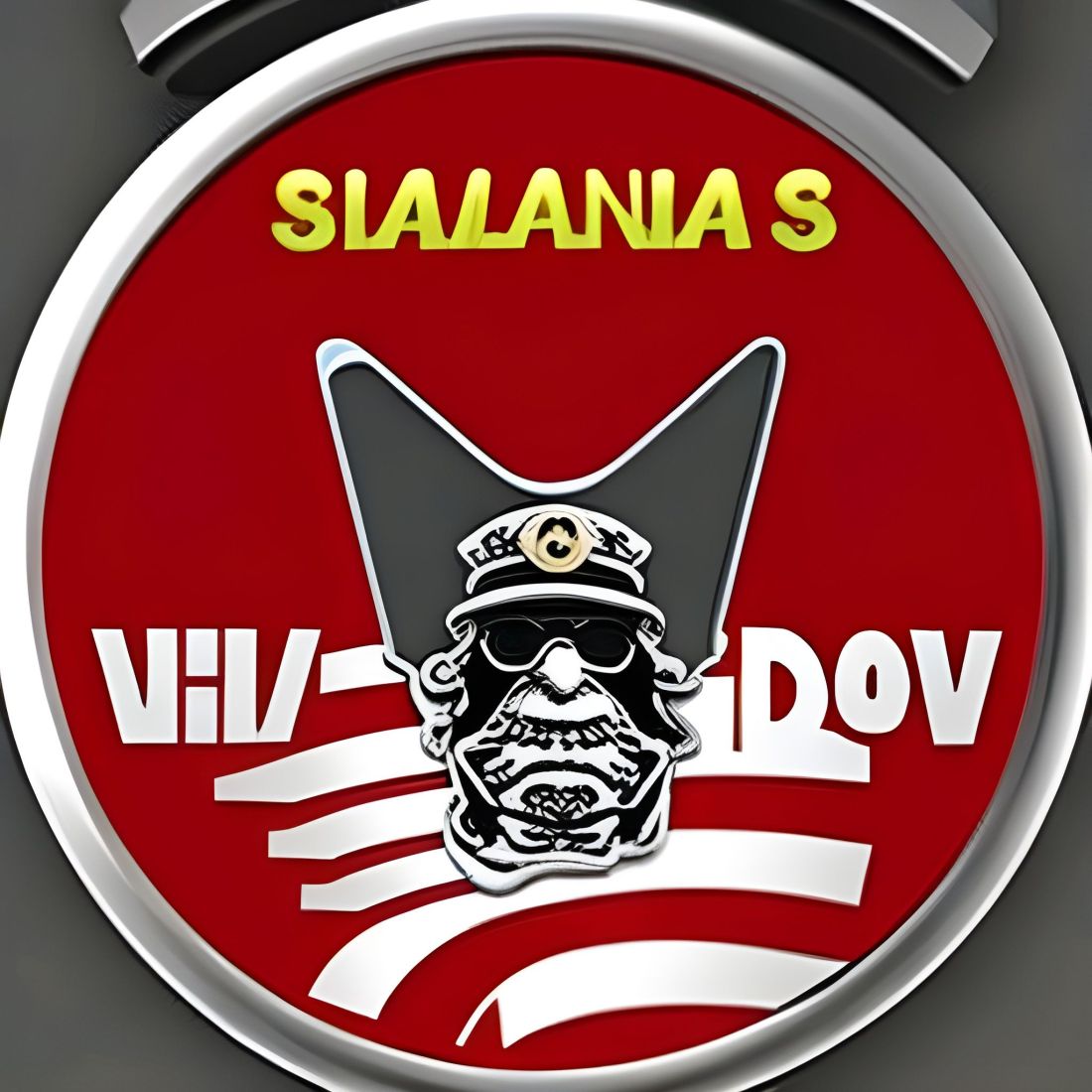 An evil looking face on a red circle with barely decipherable characters says Sialania s Viv Dov, which means Sialania's Big Muff