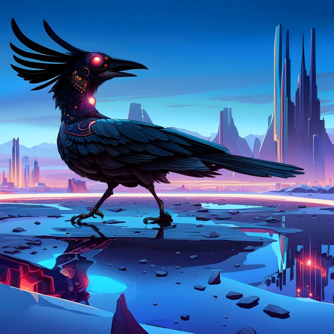 A digital illustration of a raven-like bird with mechanical parts