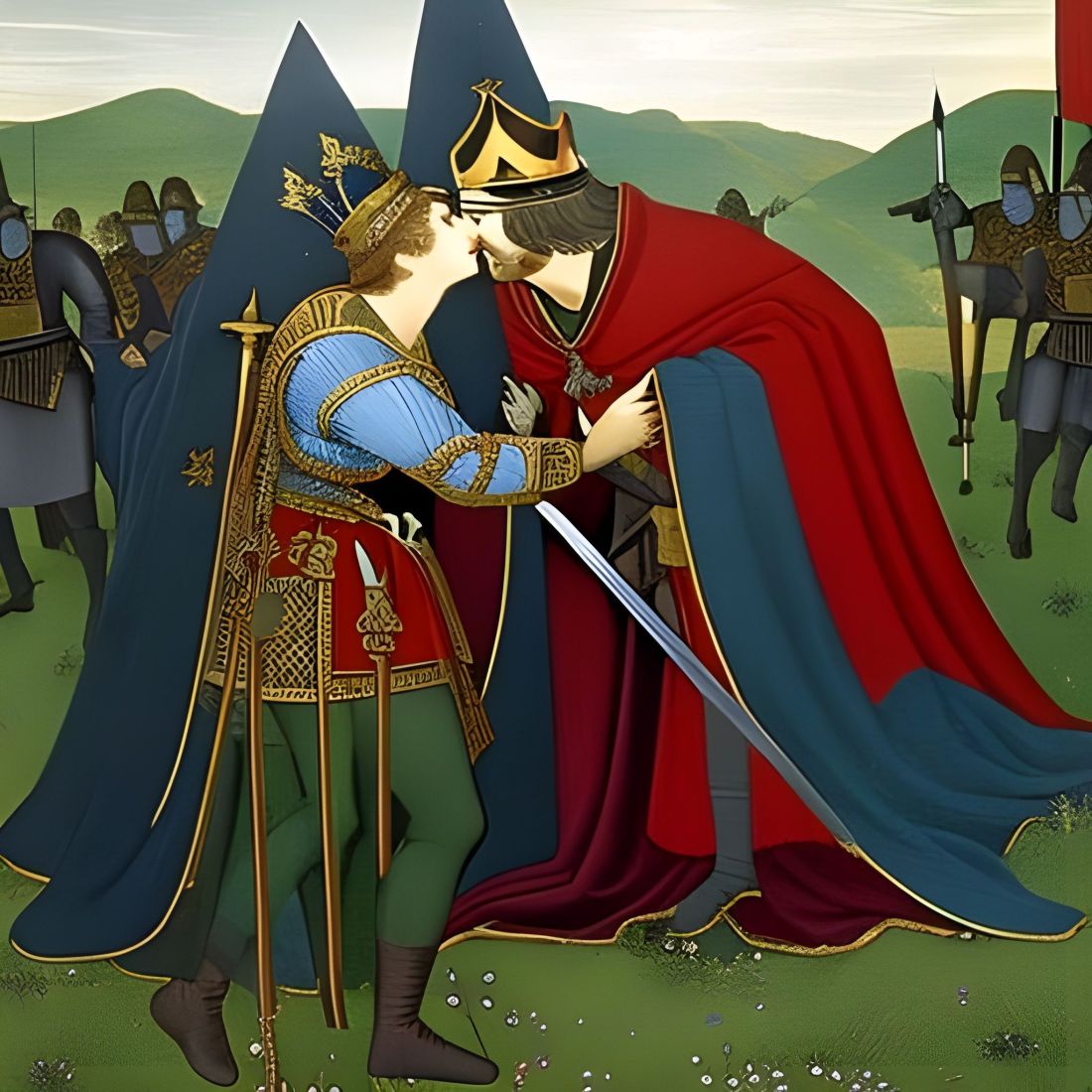 A medieval style painting of a knight dressed in blue top and green knickers is either kissing or whispering to a king in a red cloak, maybe they're lovers?