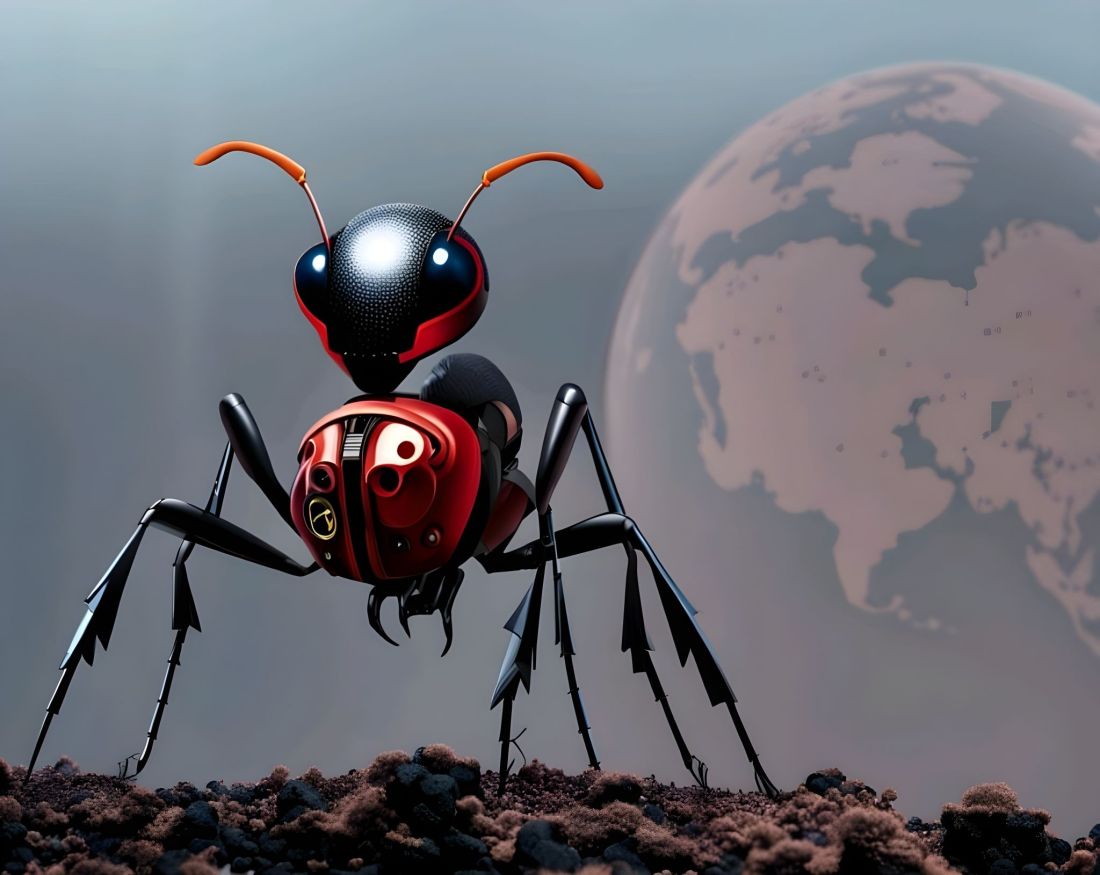 Space faring cyber ant stands on a terraformed moon orbiting a now dead and irradiated earth, humanity is long gone and forgotten, only the ant and human AI tech survived.