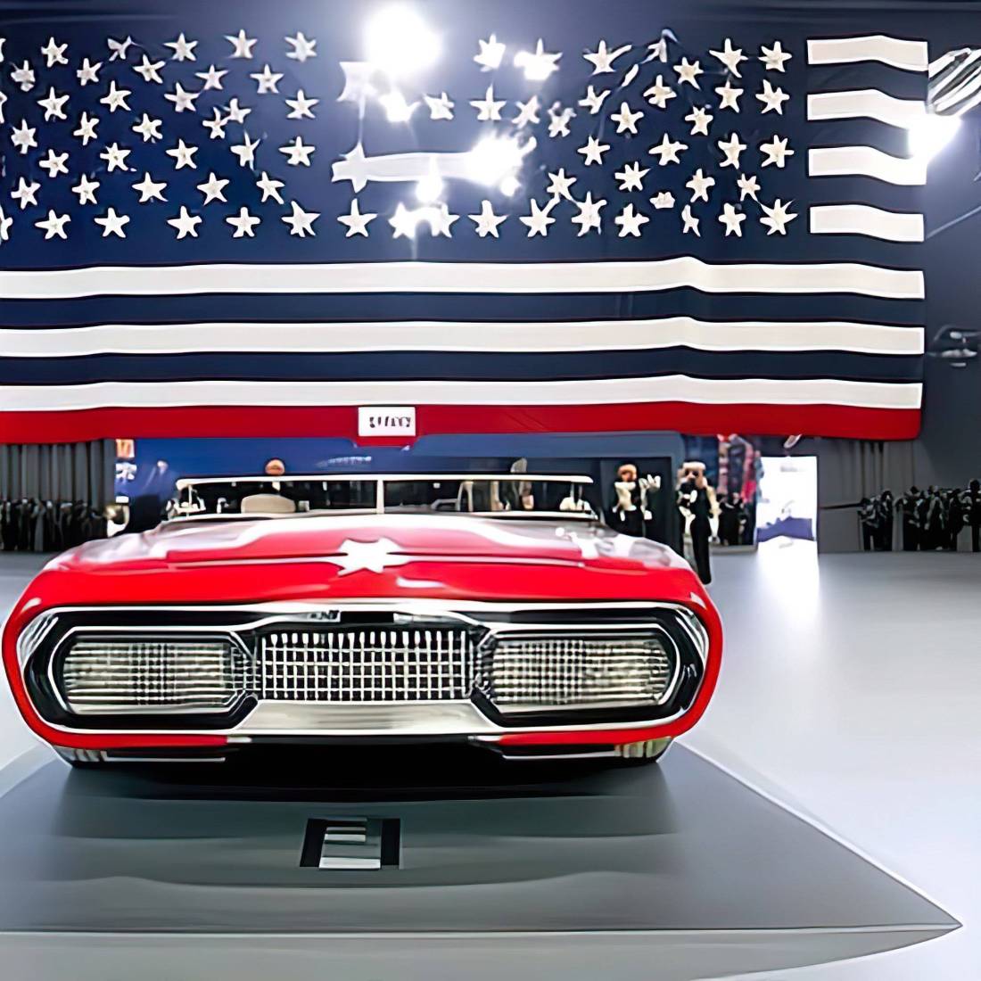 An unknown automobile sits in a warehouse with a not quite USA flag hanging in the background