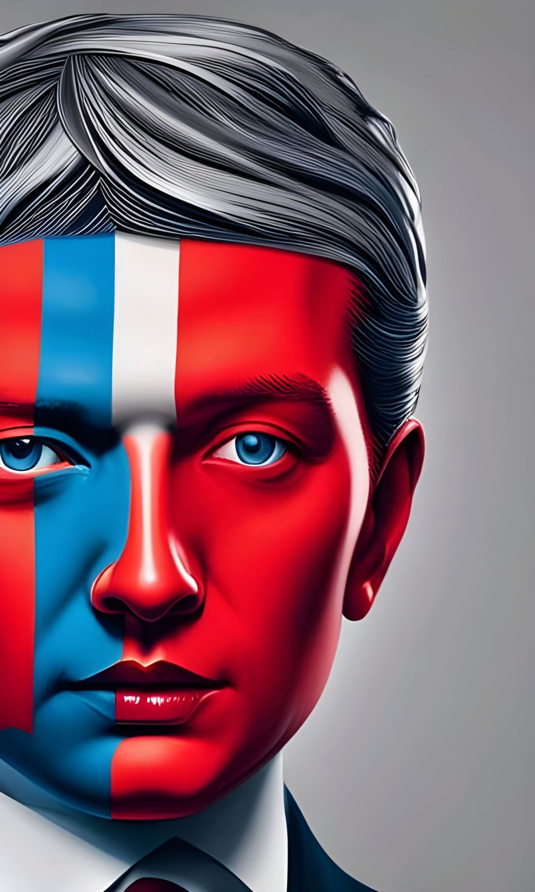 A man with a red and blue painted face stares out with the blue eyes of a charming psychopath, he wants to eat you out