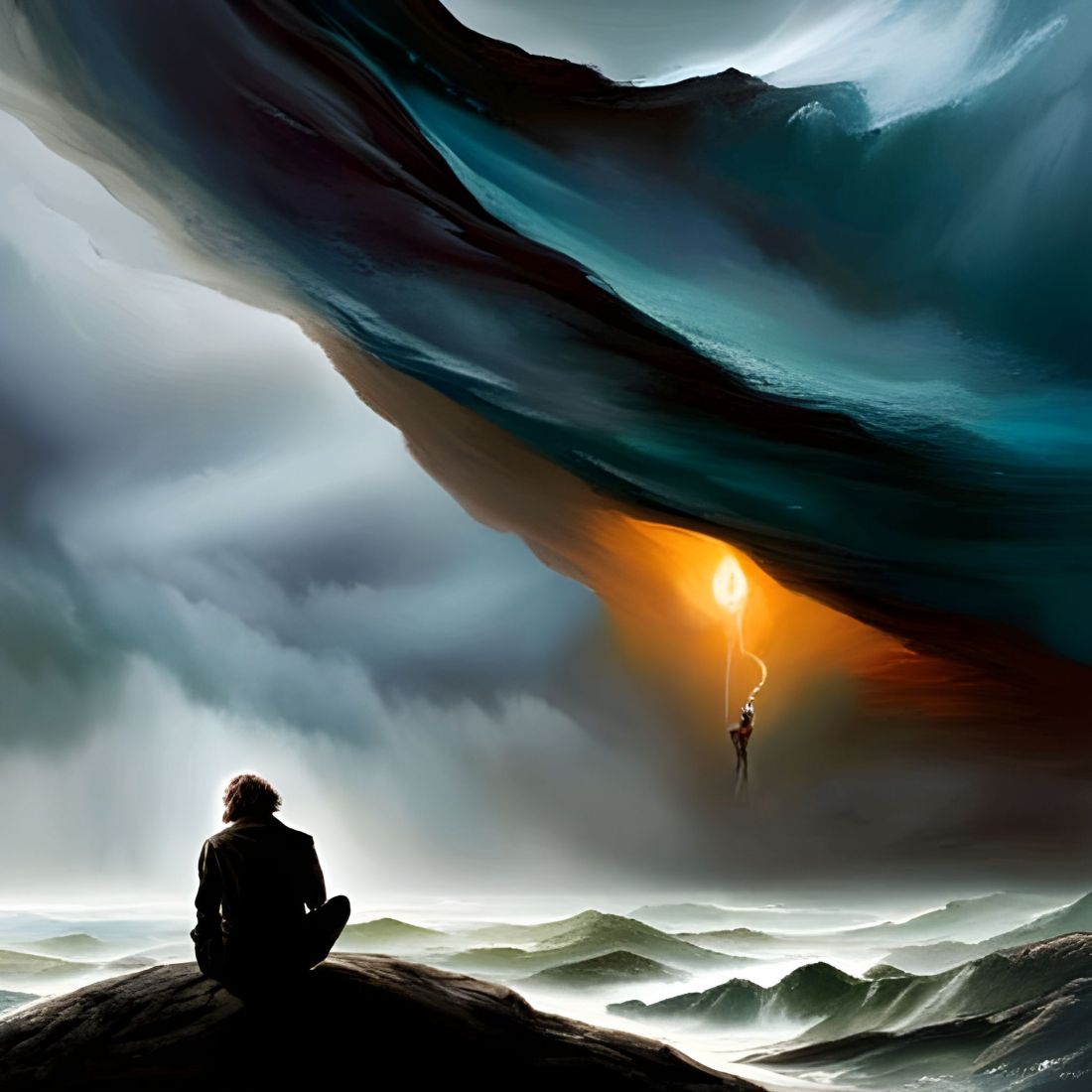 A man sits with his back to us looking out over a desolate sea of rock. A mist blankets the jagged peaks. The sky is dark and sinister. Hanging from a divine light is the talking dead man, the mouth piece of this horrifying god.