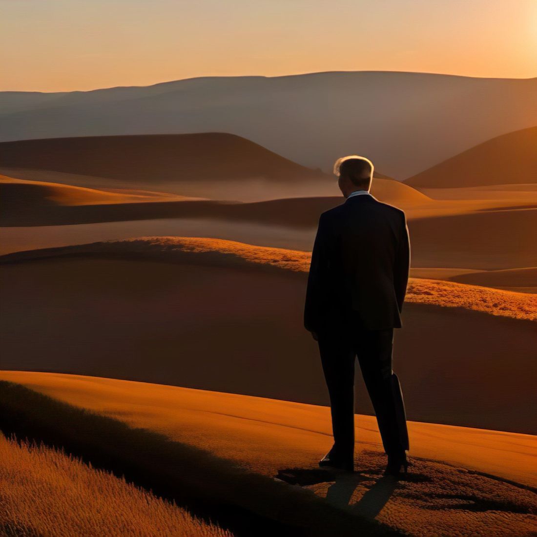 An older man looks out around a sand and rock desert