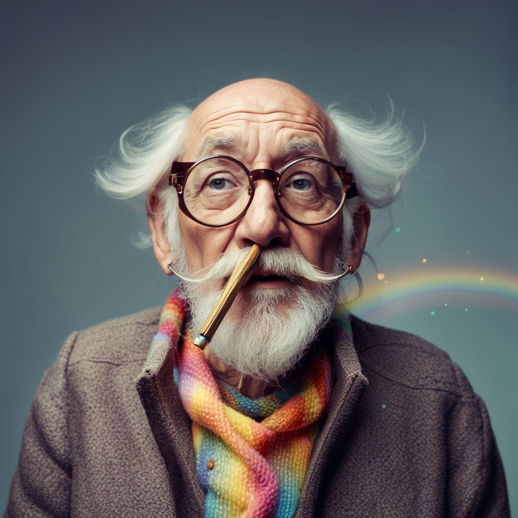 Old man with a beard, he has a pencil in one nostril
