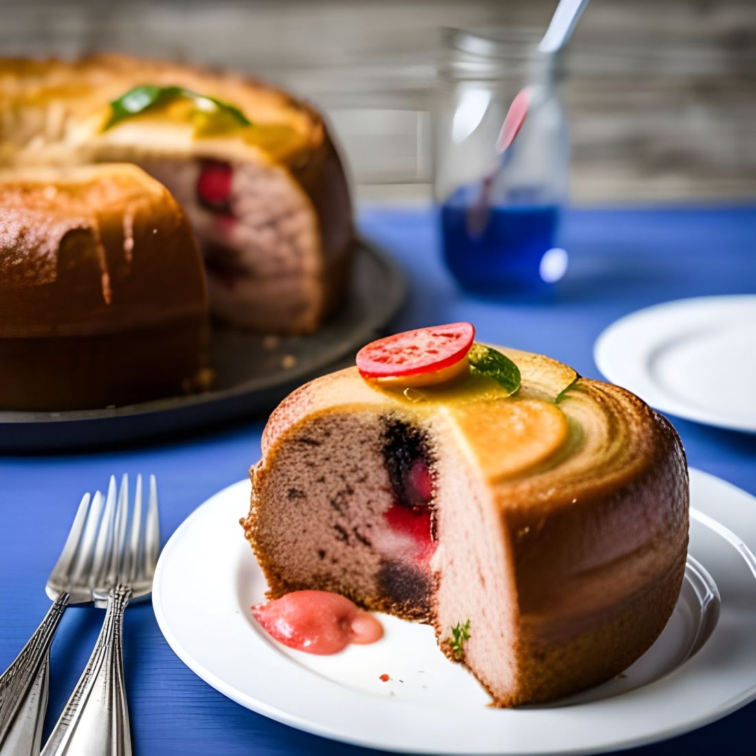 A photo of a disgusting looking fancy dessert with a tomato on top
