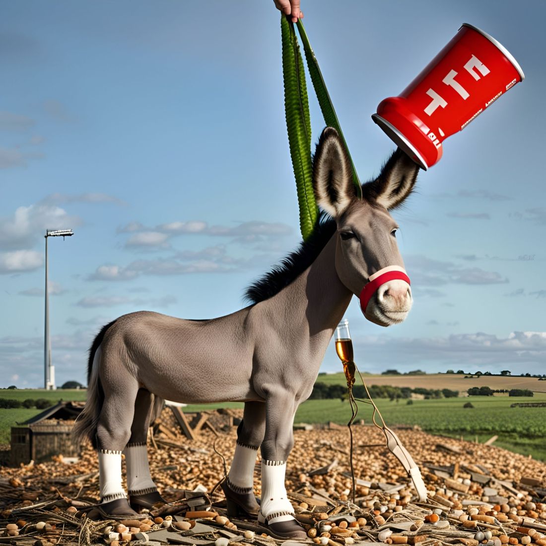 A donkey with a can of something balancing on it's ear and a cactus string puppet system