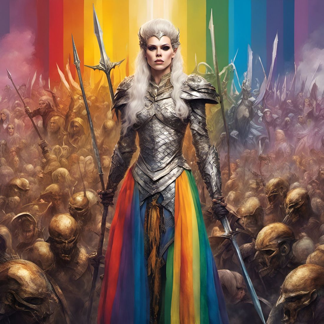 A warrior queen wearing silver armour and rainbow coloured skirts commands an army of the different