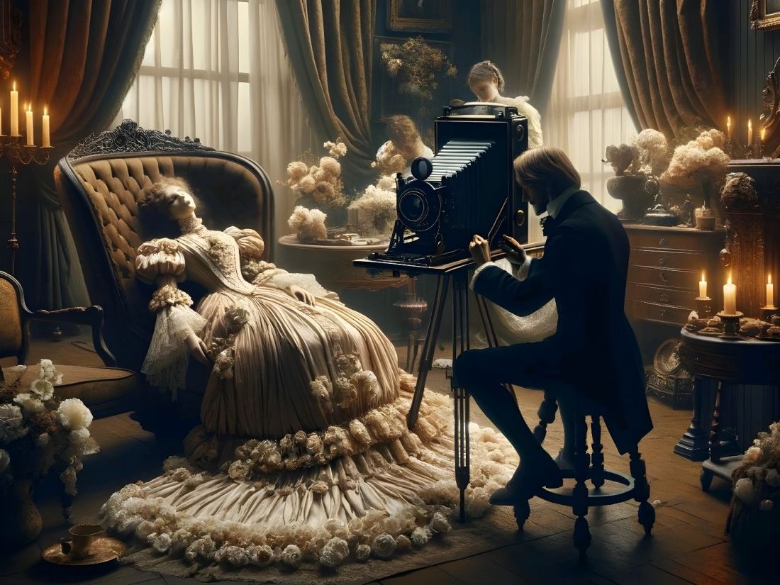 A Victorian family gathers around a serene, deceased loved one in a dim, candle-lit room, captured by a photographer with a bellows camera, reflecting the practice of memento mori photography.