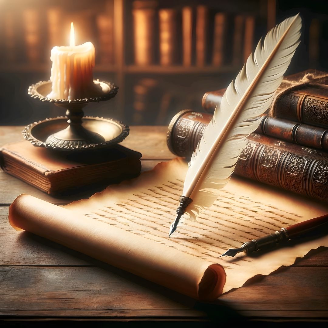 An antique parchment scroll on a vintage desk beside a quill pen and candle, symbolizing reflective letter writing, wisdom, and the passage of time, with a blurred library background.