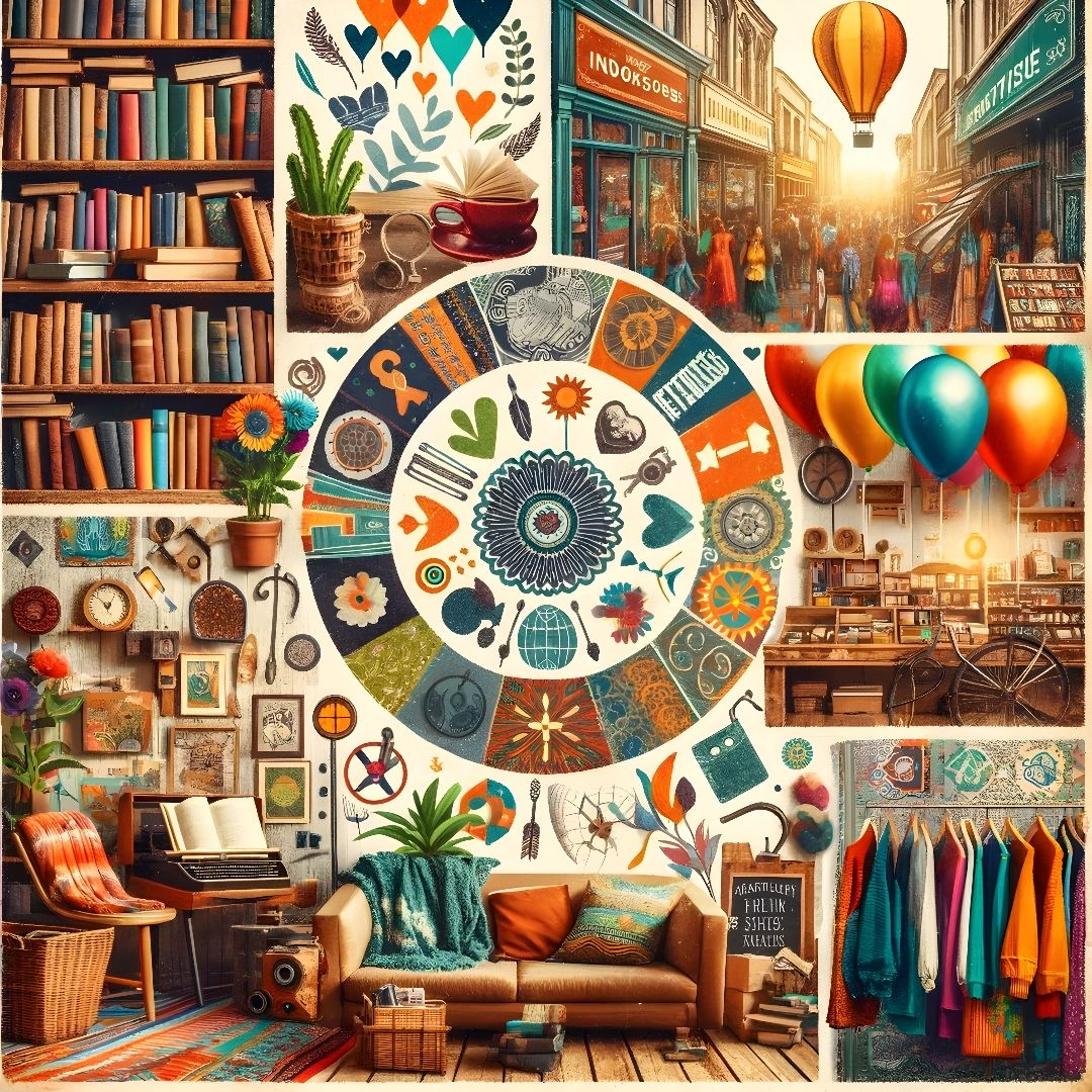 Collage of independent bookstore nooks, eclectic vintage clothing, artisan market crafts, and symbols of sustainability and inclusivity, embodying adventure, creativity, and community.