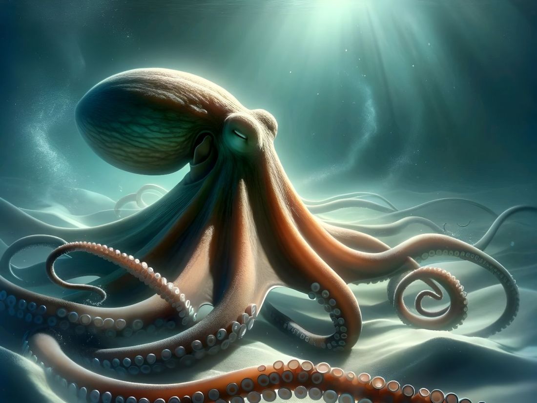 An octopus gracefully navigating the tranquil depths of the ocean, embodying adaptability, introspection, and personal growth.