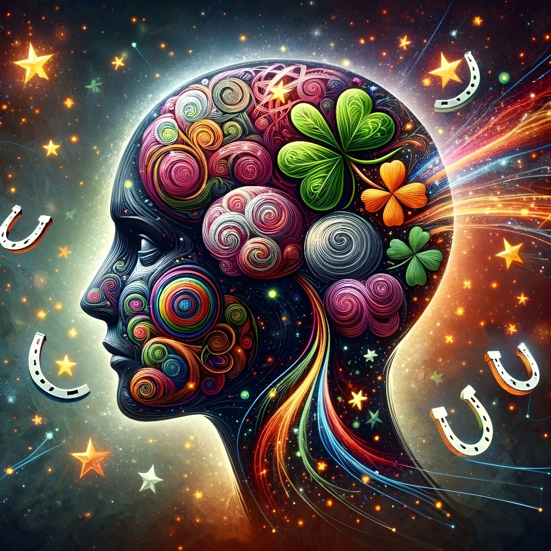 Abstract illustration of a human head with a brain composed of colorful patterns and symbols like four-leaf clovers, horseshoes, and shooting stars, set against a backdrop blending order and chaos, symbolizing the complexity of human belief systems and cognitive processes related to superstitions.