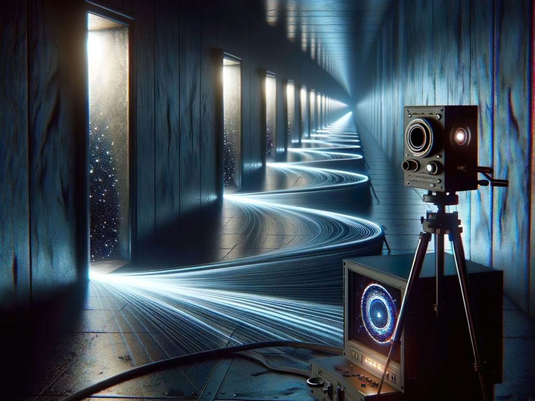 Entrance to the Backrooms: A dark corridor with flickering lights, a scientific device on a tripod scanning the mysterious environment, symbolizing the exploration of extradimensional spaces.