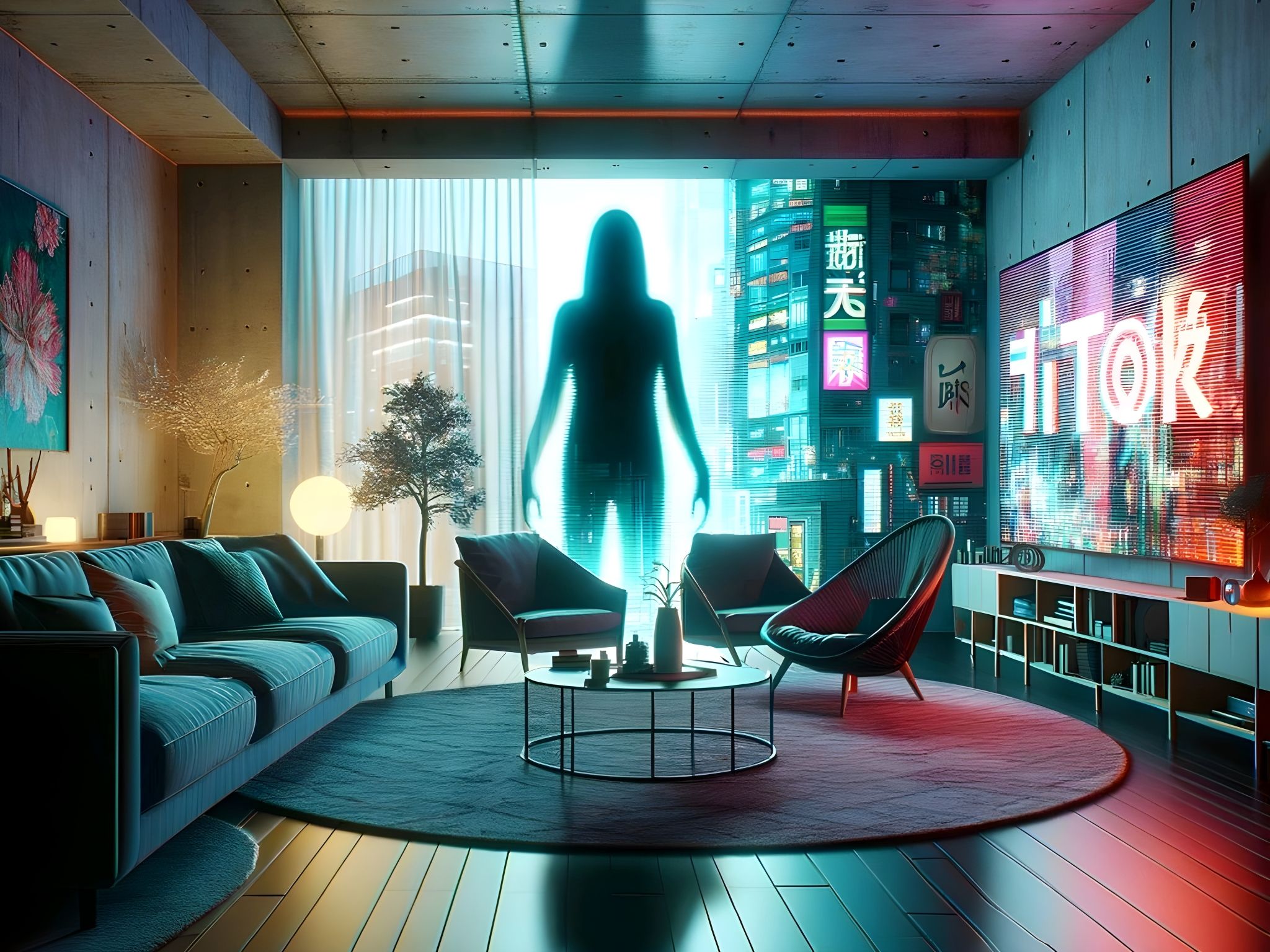 A modern, urban apartment room with a shadowy figure subtly mirrored in the background, capturing the essence of a TikTok video. The room is filled with contemporary furnishings and decorated with vibrant Japanese TV graphics. The atmosphere is eerie, enhanced by unsettling background images that evoke a sense of suspense and the supernatural. The shadow figure appears almost as a dance partner, blending into the digital world with a haunting presence. The overall feel is chilling, with a touch of the urban legend vibe prevalent in modern social media storytelling.