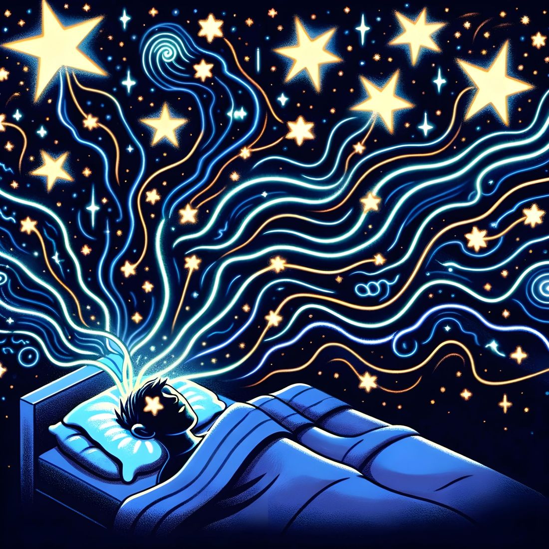 An unsuspecting dreamer's mind blasting off on a nocturnal adventure, turning their pillow into a starship navigating the swirling nebulas of the Dreamiverse, with a bedsheet that's clearly missed the 'stay in bed' memo.