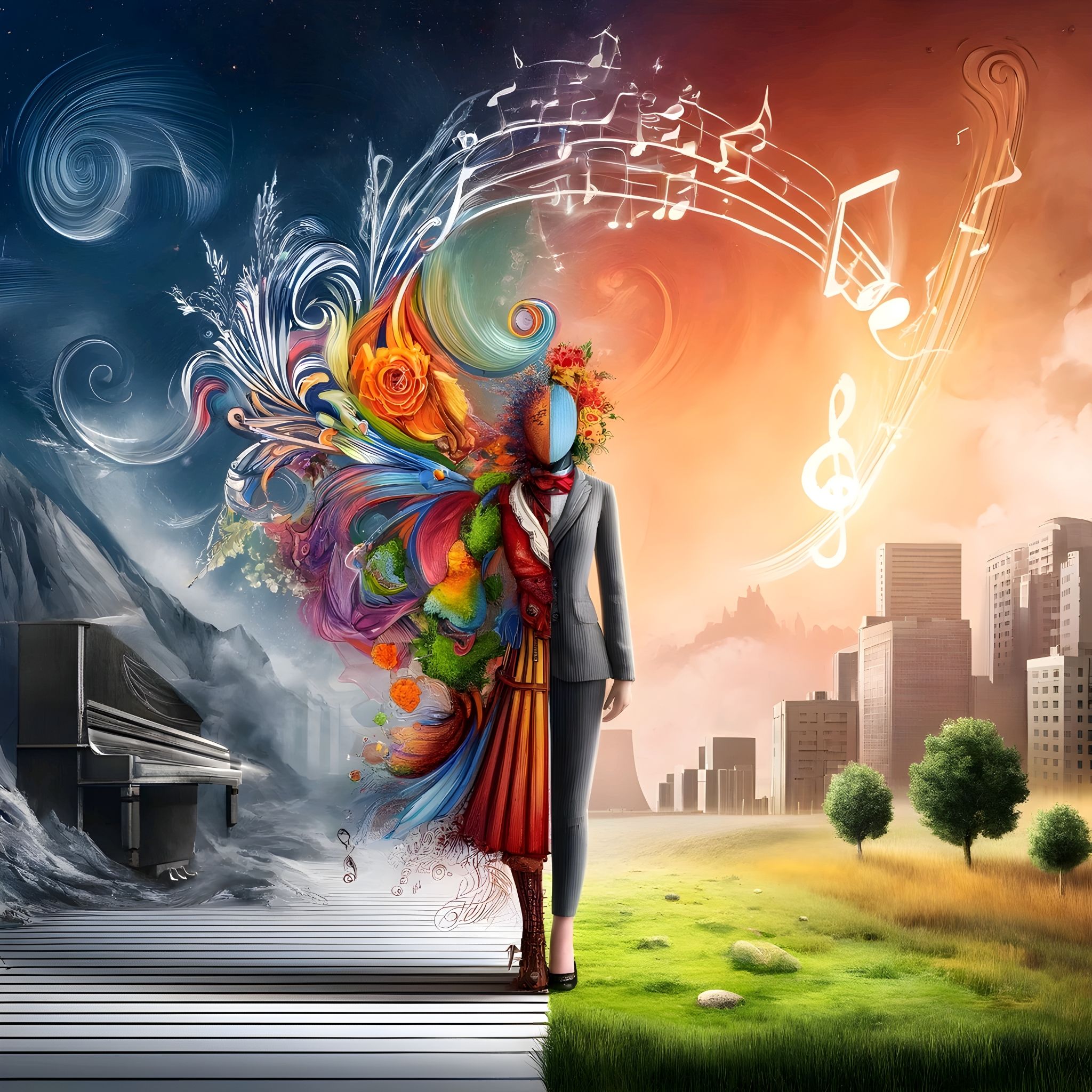 A person stands at the center, half in vibrant, creative attire and half in sleek, orderly fashion. Behind, a cityscape merges with a natural landscape, symbolizing a mix of tradition and innovation. Musical notes float above, depicting harmony and balanced individuality.