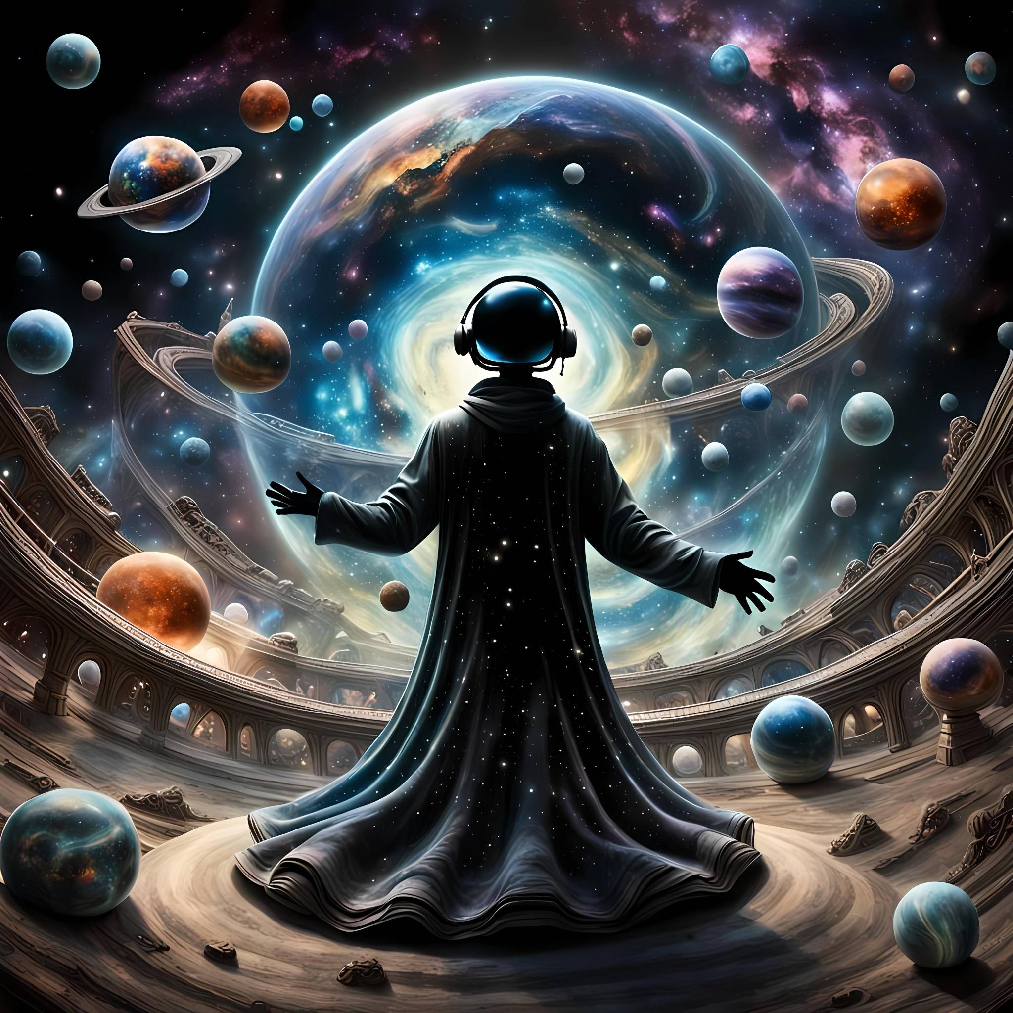 A cosmic maestro in an astronaut helmet conducts an otherworldly symphony, with planets and stars swirling in a gravity-defying dance around them, atop an impossibly intricate galactic stage that spirals into infinity.