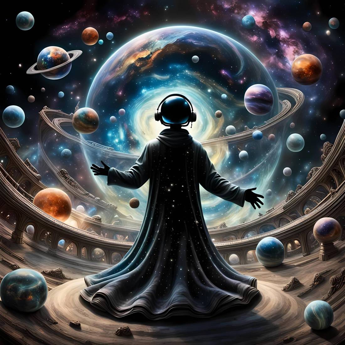 A cosmic maestro in an astronaut helmet conducts an otherworldly symphony, with planets and stars swirling in a gravity-defying dance around them, atop an impossibly intricate galactic stage that spirals into infinity.