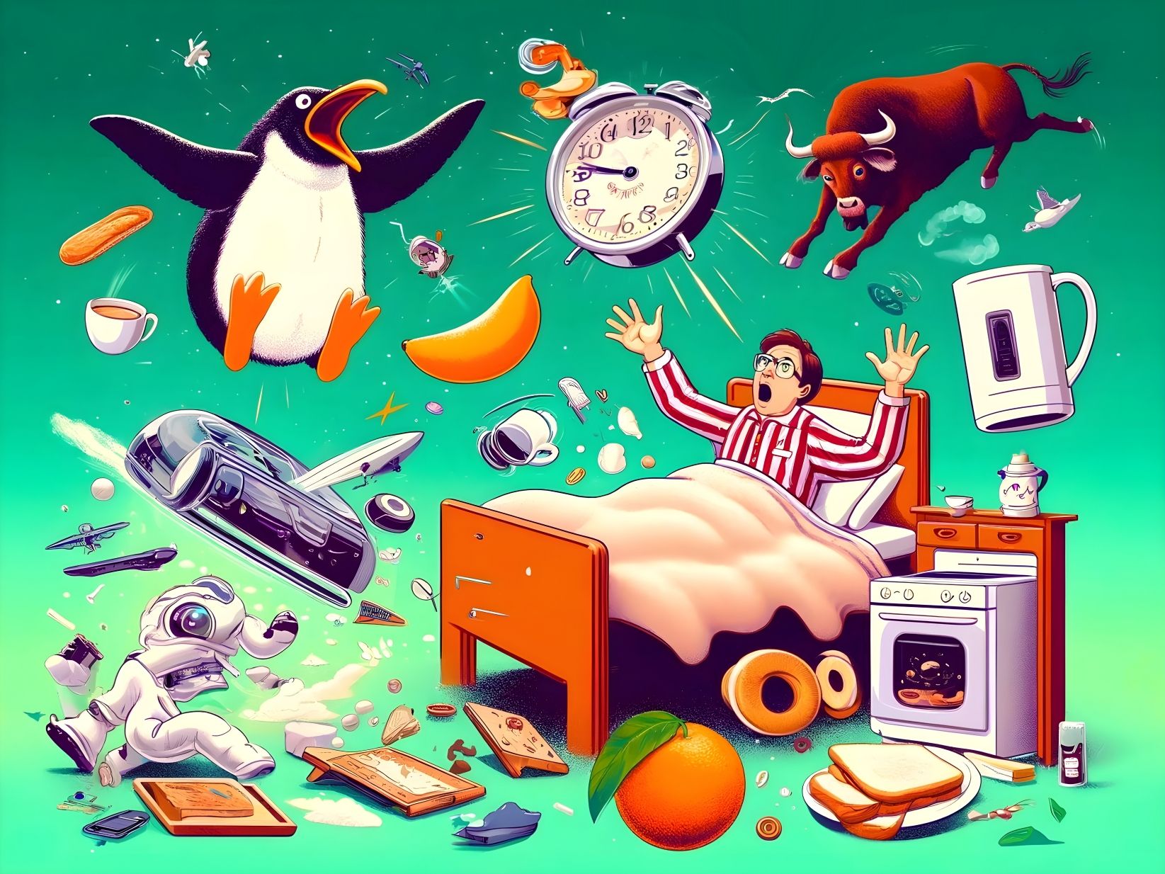 An illustration of a chaotic scene with a man in striped pajamas waking up in alarm to floating objects around him, including a giant penguin, a bull, an alarm clock, and various kitchen appliances and food items, in a room defying gravity.